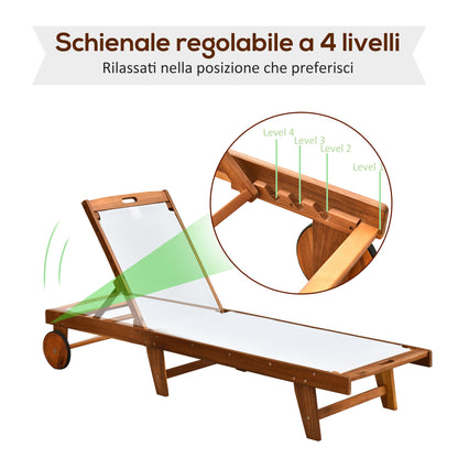 Garden Sun Lounger with Adjustable Backrest with Wheels in Acacia Wood 198x60x88/80/69/45cm