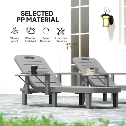 2-Piece Sun Lounger Set with Side Table, Wood-Effect Outdoor Recliners, 5-Position Adjustable Backrest, Weatherproof, Up to 265 lb Capacity, Dark Gray