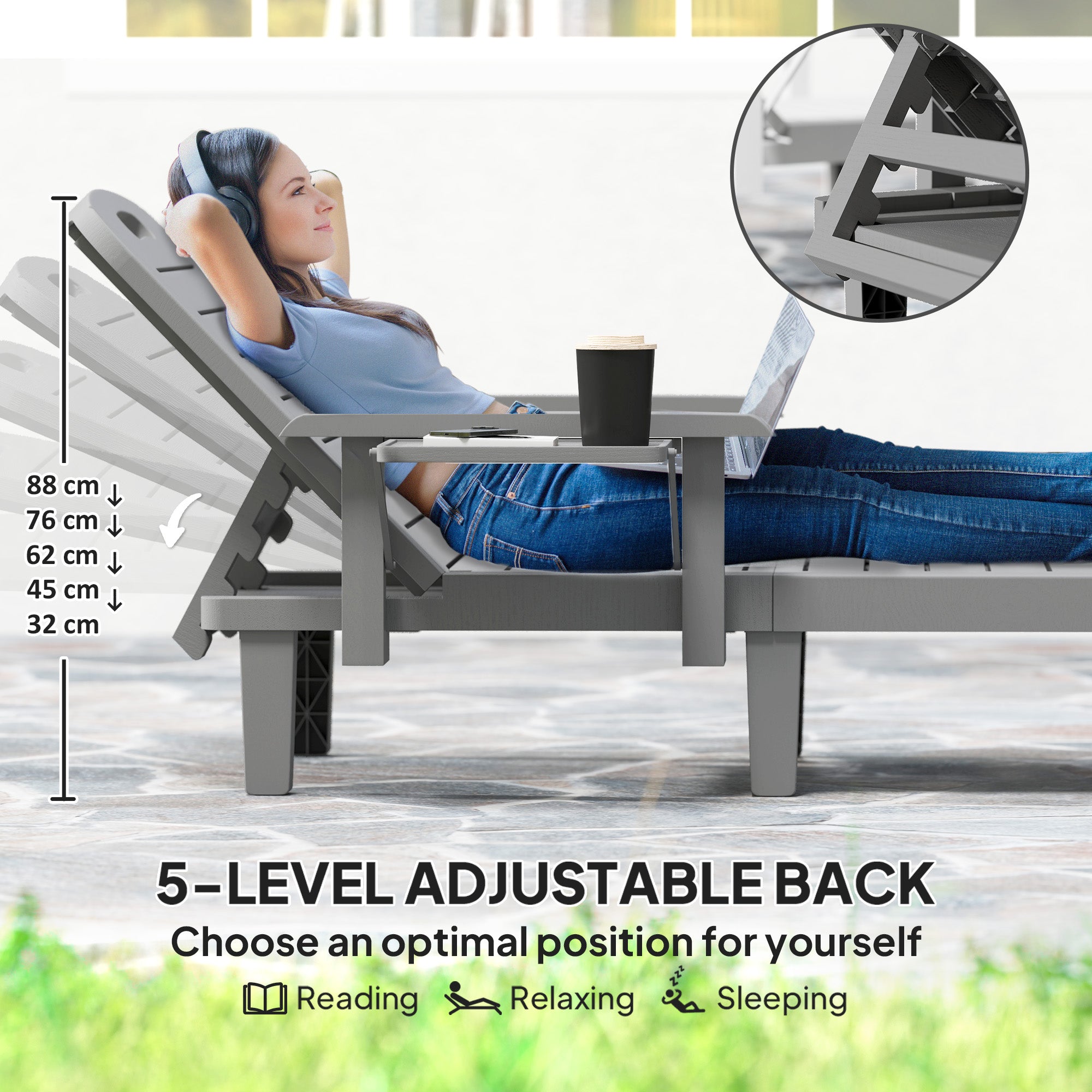 2-Piece Sun Lounger Set with Side Table, Wood-Effect Outdoor Recliners, 5-Position Adjustable Backrest, Weatherproof, Up to 265 lb Capacity, Dark Gray