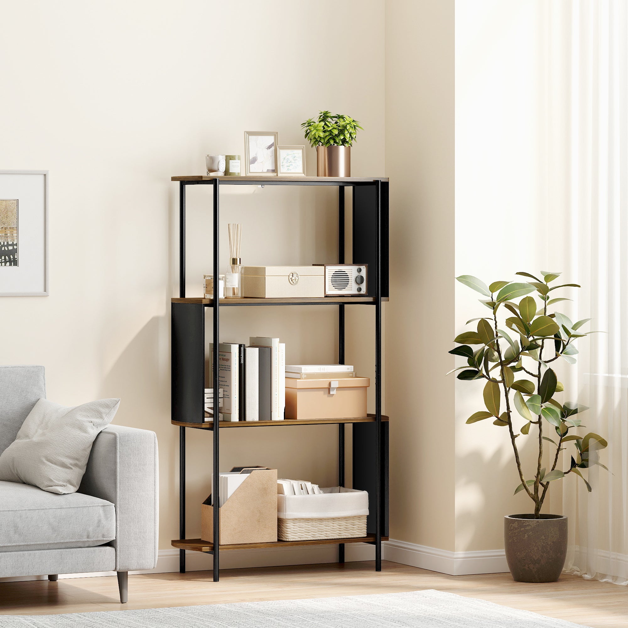 4-Tier Storage Shelf, 4-Shelf Bookcase with Curved Side Panels, Industrial Style Steel Frame Storage Unit for Office, Living Room, Bedroom — 31.5 x 11.8 x 55.5 in (80 x 30 x 141 cm), Brown