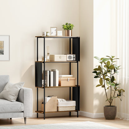 4-Tier Storage Shelf, 4-Shelf Bookcase with Curved Side Panels, Industrial Style Steel Frame Storage Unit for Office, Living Room, Bedroom — 31.5 x 11.8 x 55.5 in (80 x 30 x 141 cm), Brown