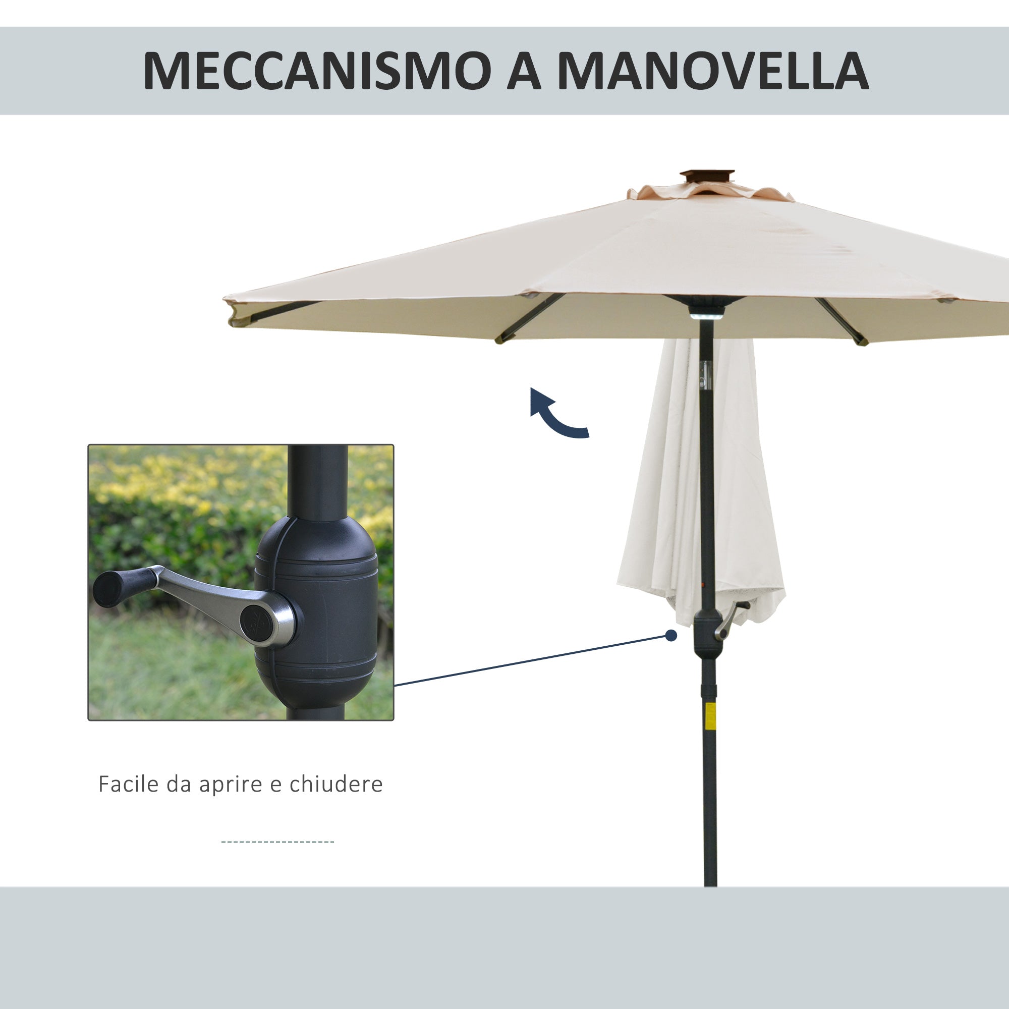 Garden Umbrella Φ270 x 245cm with Crank and Tilt, LED Lights and Solar Panel, Cream White