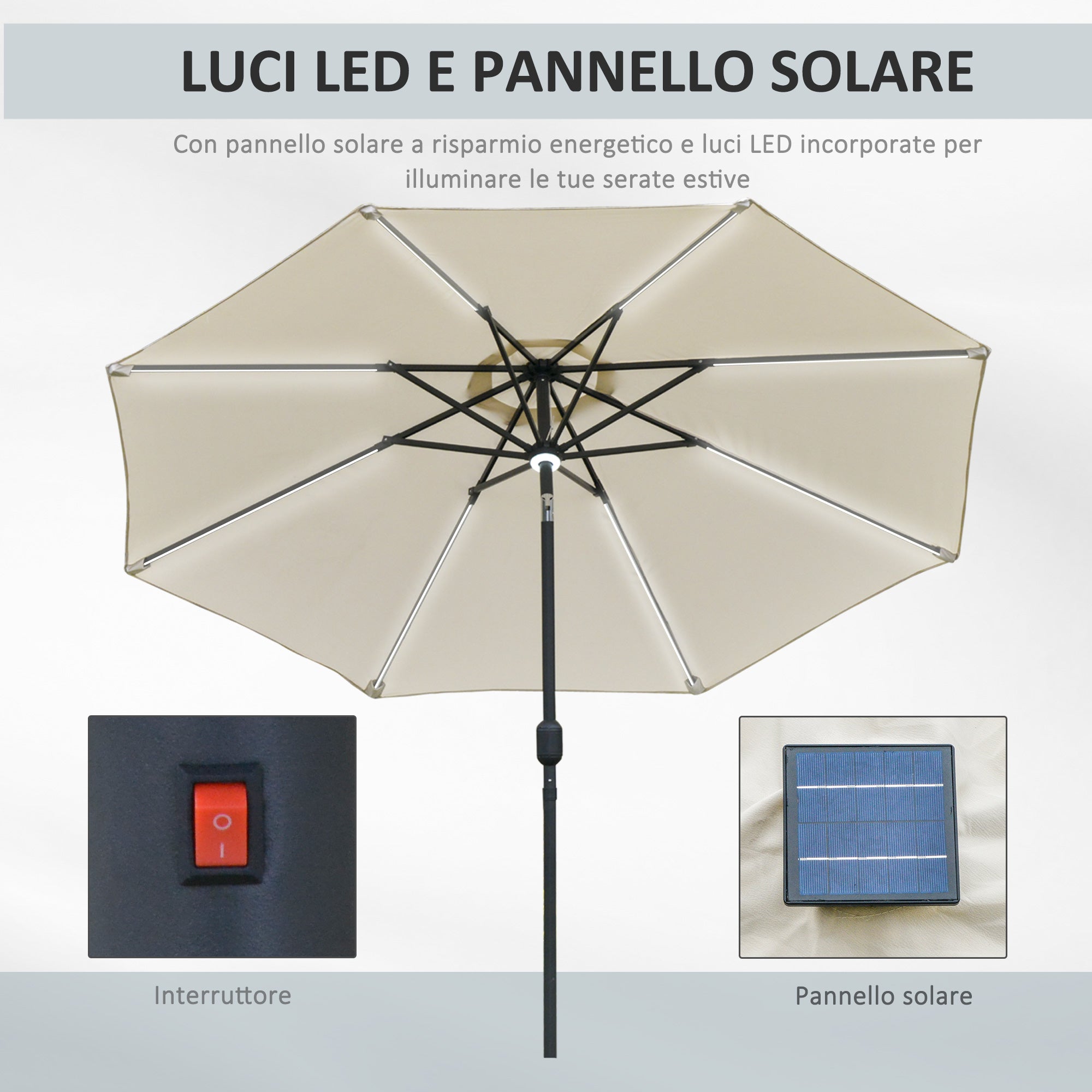 Garden Umbrella Φ270 x 245cm with Crank and Tilt, LED Lights and Solar Panel, Cream White