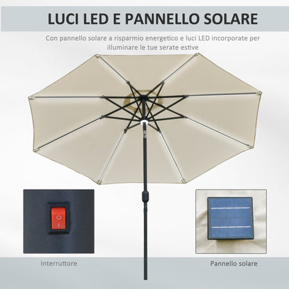 Garden Umbrella Φ270 x 245cm with Crank and Tilt, LED Lights and Solar Panel, Cream White