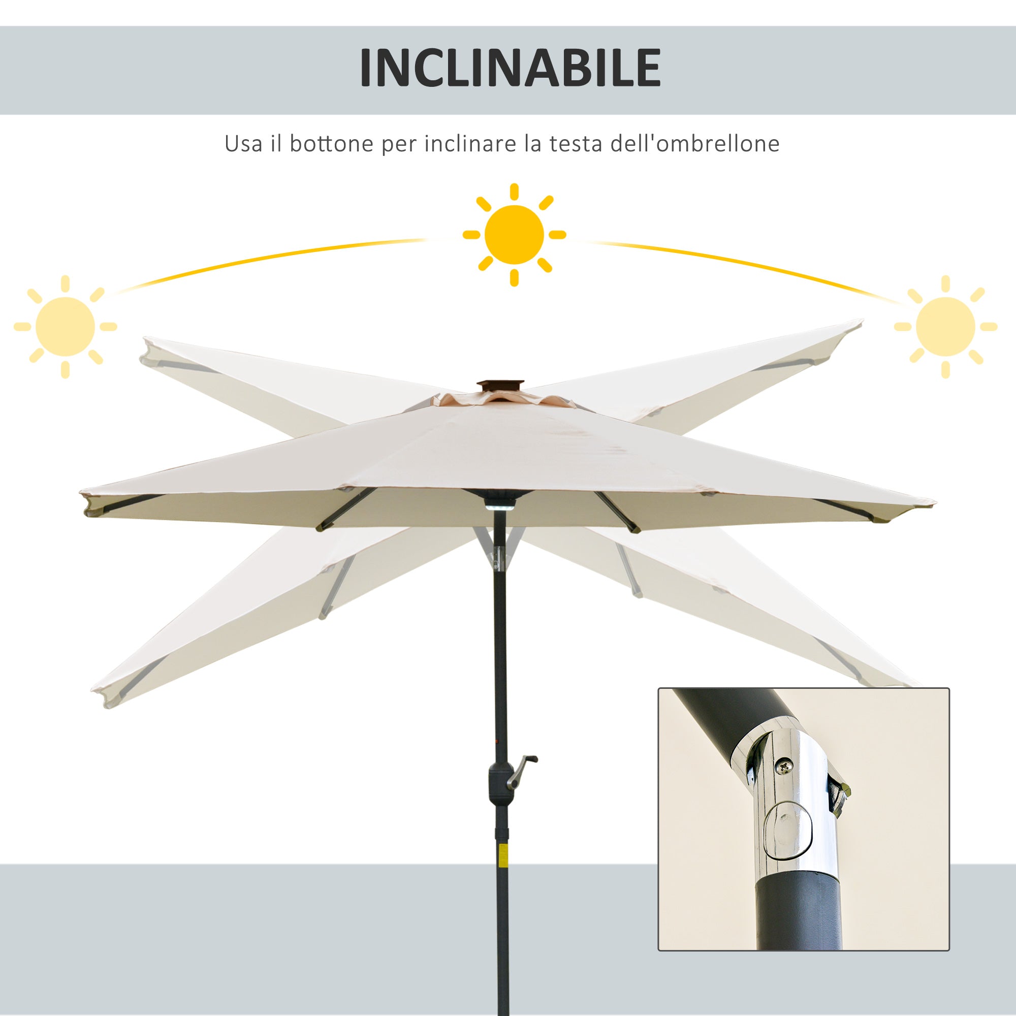 Garden Umbrella Φ270 x 245cm with Crank and Tilt, LED Lights and Solar Panel, Cream White