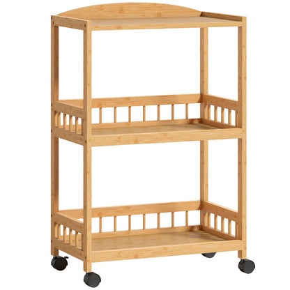 3-Tier Rolling Kitchen Cart — Bamboo Serving Trolley with Storage Shelves on Wheels, All-Purpose Rolling Cart for Kitchen, Bathroom, Office & Living Room, Natural Wood