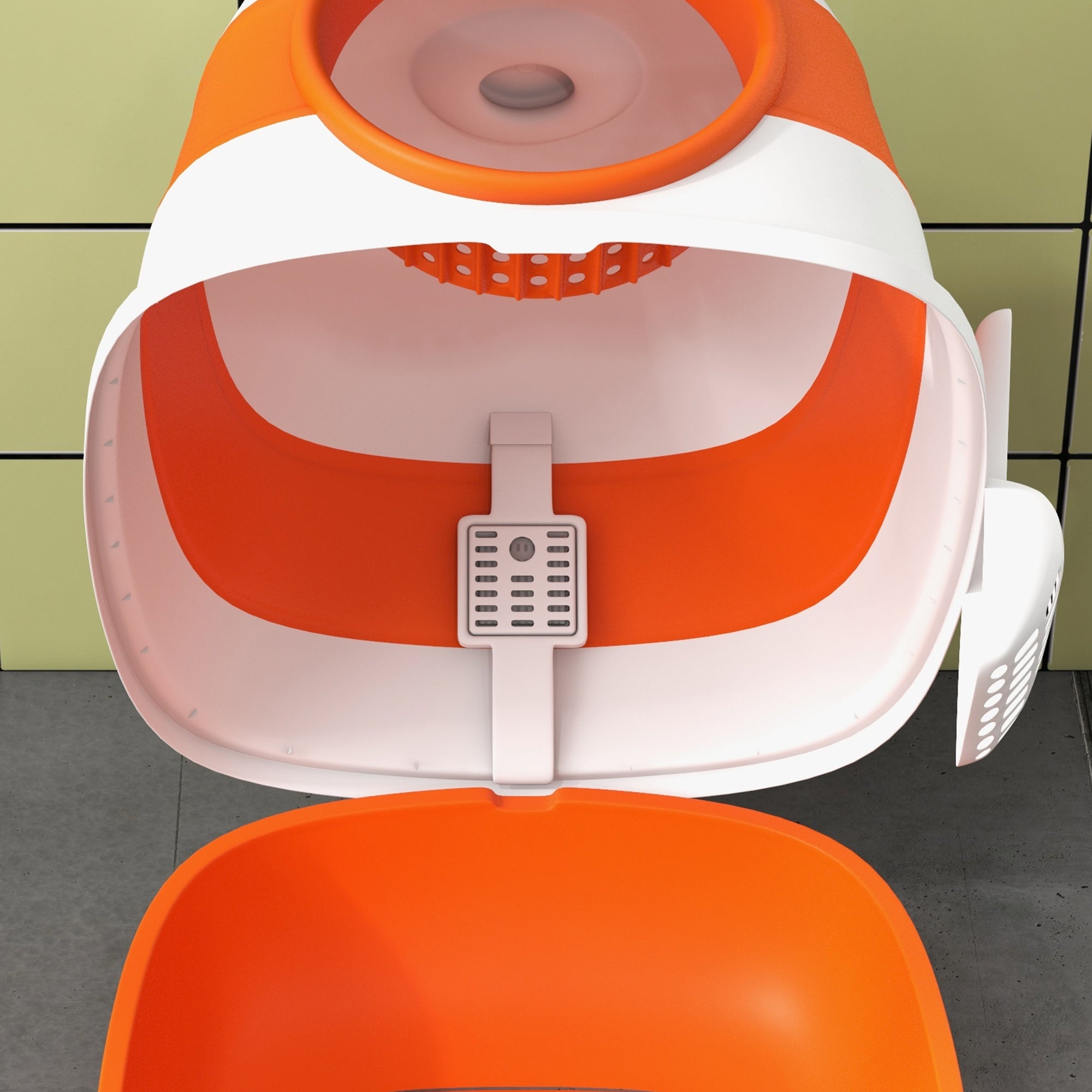 Cat Litter Box with Lid, Foldable Hooded Cat Toilet with Scoop, Deodorant Floor Grid Cat Litter Box for Cats up to 5 kg 52 x 41 x 38 cm White+Orange