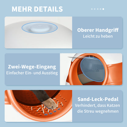 Cat Litter Box with Lid, Foldable Hooded Cat Toilet with Scoop, Deodorant Floor Grid Cat Litter Box for Cats up to 5 kg 52 x 41 x 38 cm White+Orange