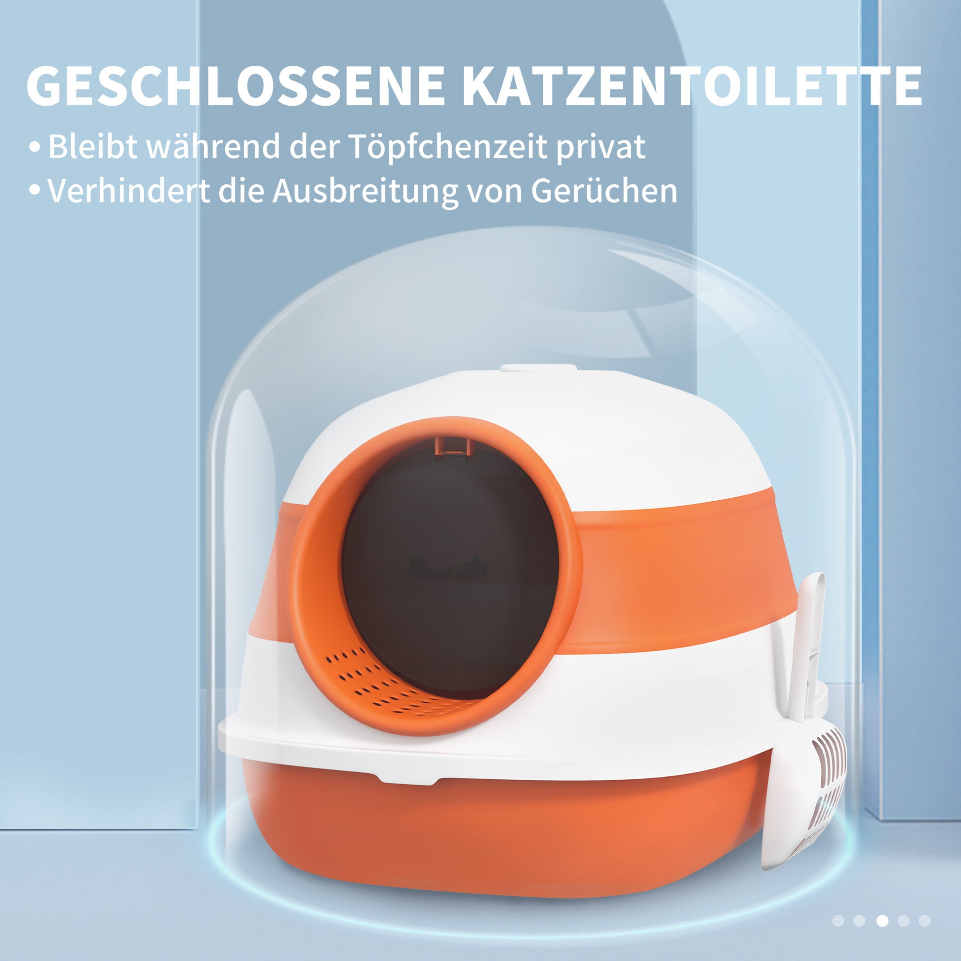 Cat Litter Box with Lid, Foldable Hooded Cat Toilet with Scoop, Deodorant Floor Grid Cat Litter Box for Cats up to 5 kg 52 x 41 x 38 cm White+Orange