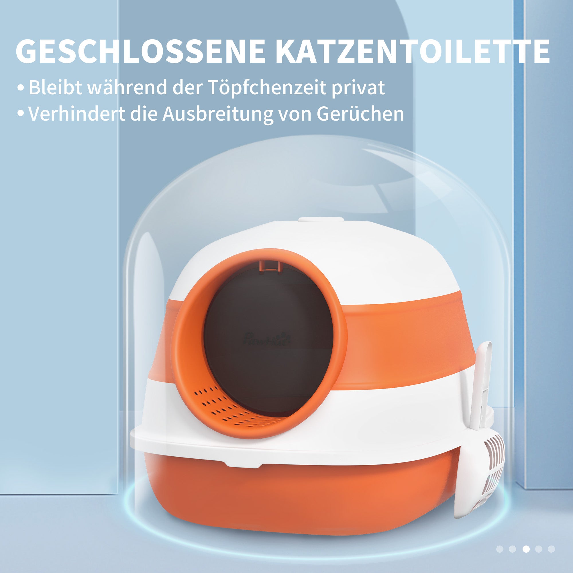 Cat Litter Box with Lid, Foldable Hooded Cat Toilet with Scoop, Deodorant Floor Grid Cat Litter Box for Cats up to 5 kg 52 x 41 x 38 cm White+Orange