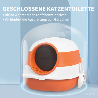 Cat Litter Box with Lid, Foldable Hooded Cat Toilet with Scoop, Deodorant Floor Grid Cat Litter Box for Cats up to 5 kg 52 x 41 x 38 cm White+Orange