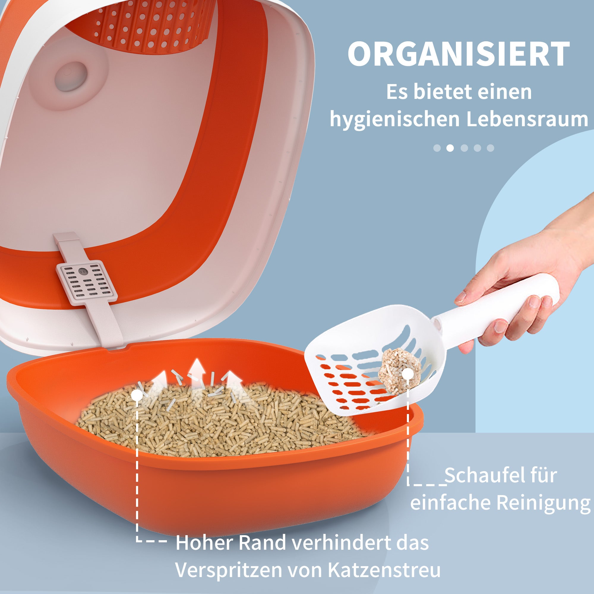 Cat Litter Box with Lid, Foldable Hooded Cat Toilet with Scoop, Deodorant Floor Grid Cat Litter Box for Cats up to 5 kg 52 x 41 x 38 cm White+Orange