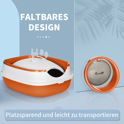 Cat Litter Box with Lid, Foldable Hooded Cat Toilet with Scoop, Deodorant Floor Grid Cat Litter Box for Cats up to 5 kg 52 x 41 x 38 cm White+Orange