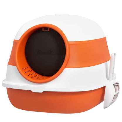 Cat Litter Box with Lid, Foldable Hooded Cat Toilet with Scoop, Deodorant Floor Grid Cat Litter Box for Cats up to 5 kg 52 x 41 x 38 cm White+Orange