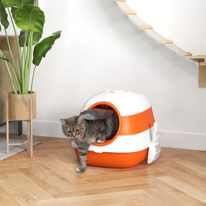 Cat Litter Box with Lid, Foldable Hooded Cat Toilet with Scoop, Deodorant Floor Grid Cat Litter Box for Cats up to 5 kg 52 x 41 x 38 cm White+Orange
