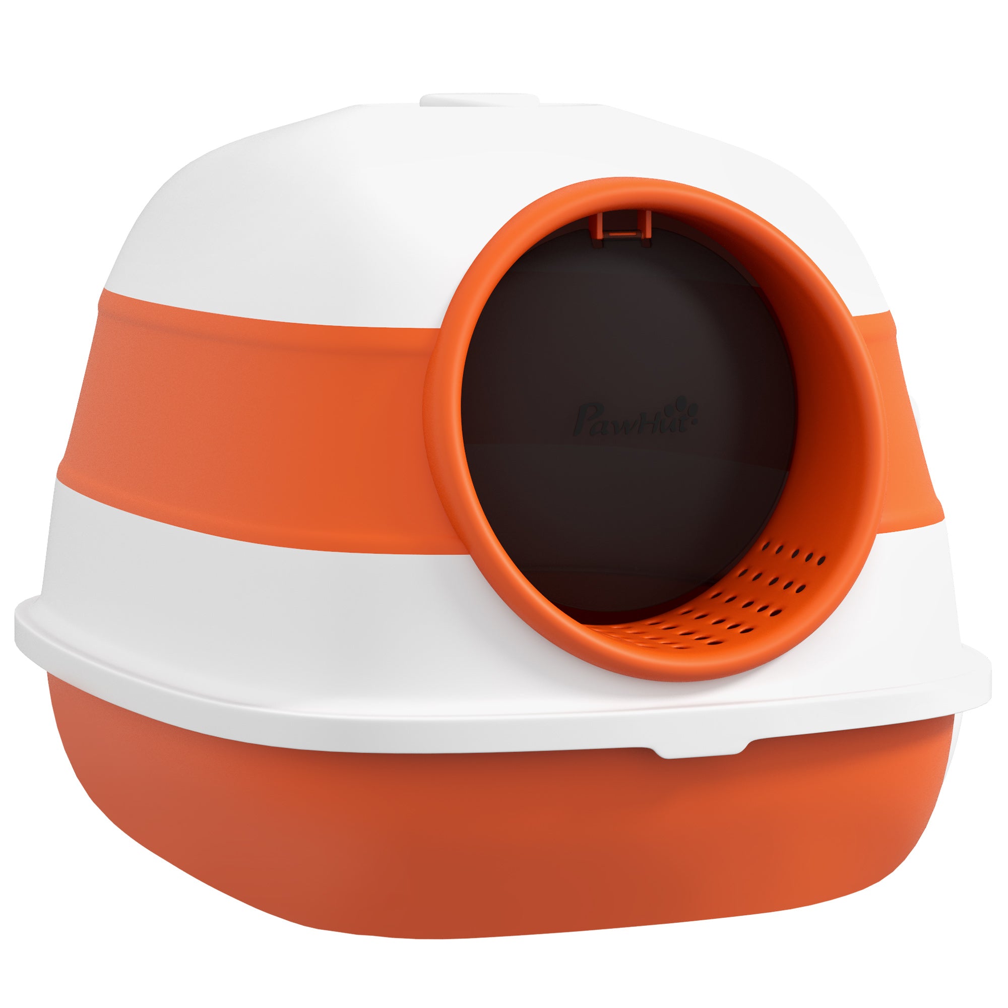 Cat Litter Box with Lid, Foldable Hooded Cat Toilet with Scoop, Deodorant Floor Grid Cat Litter Box for Cats up to 5 kg 52 x 41 x 38 cm White+Orange