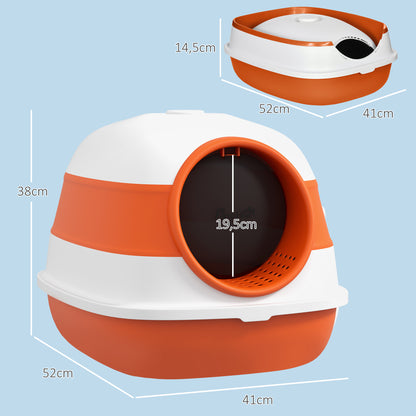 Cat Litter Box with Lid, Foldable Hooded Cat Toilet with Scoop, Deodorant Floor Grid Cat Litter Box for Cats up to 5 kg 52 x 41 x 38 cm White+Orange