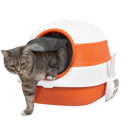 Cat Litter Box with Lid, Foldable Hooded Cat Toilet with Scoop, Deodorant Floor Grid Cat Litter Box for Cats up to 5 kg 52 x 41 x 38 cm White+Orange
