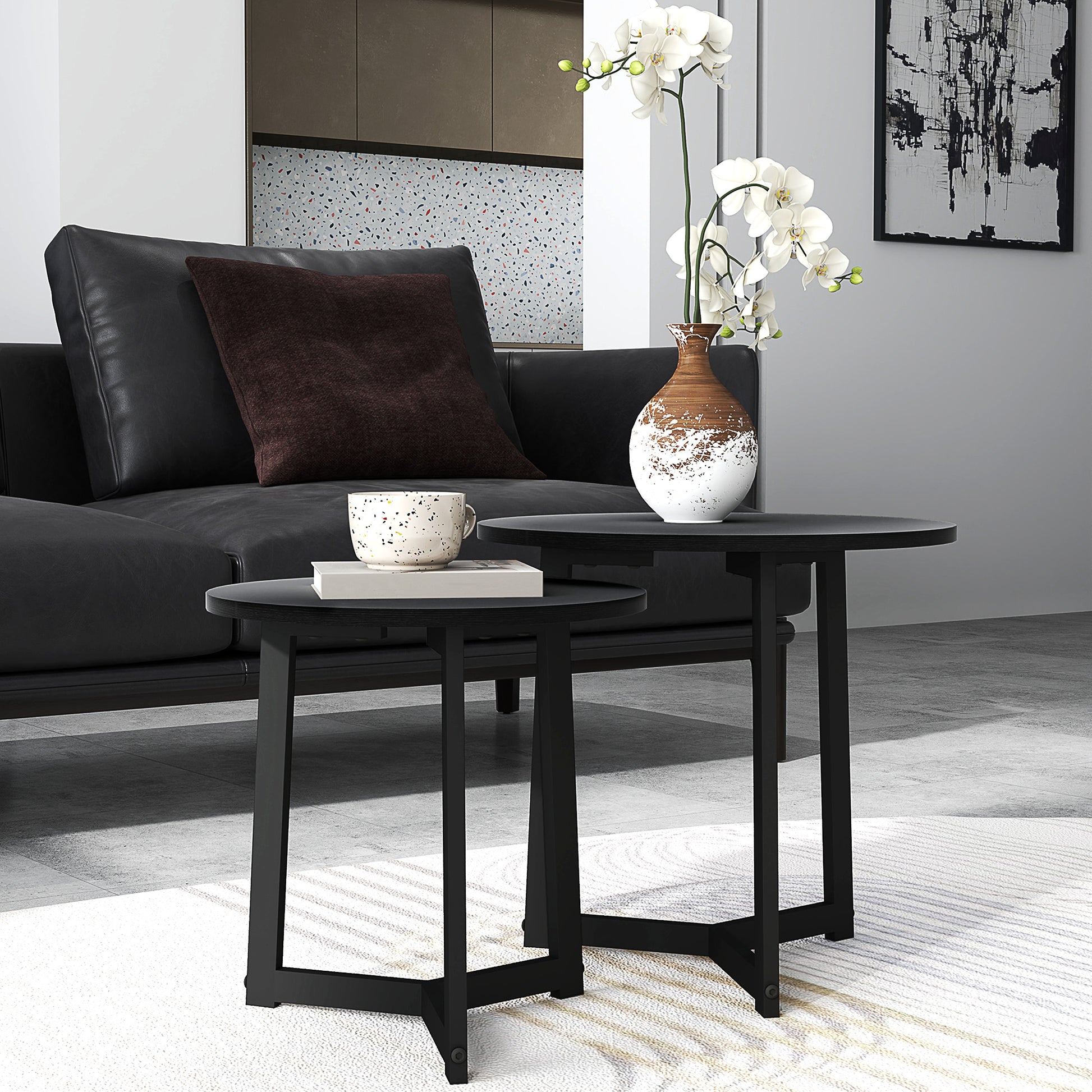 Round Coffee Table 2-Piece Set, Side Table made of MDF and Steel, in modern design, Stackable, Coffee Table Living Room Table for Living Room Bedroom, Black