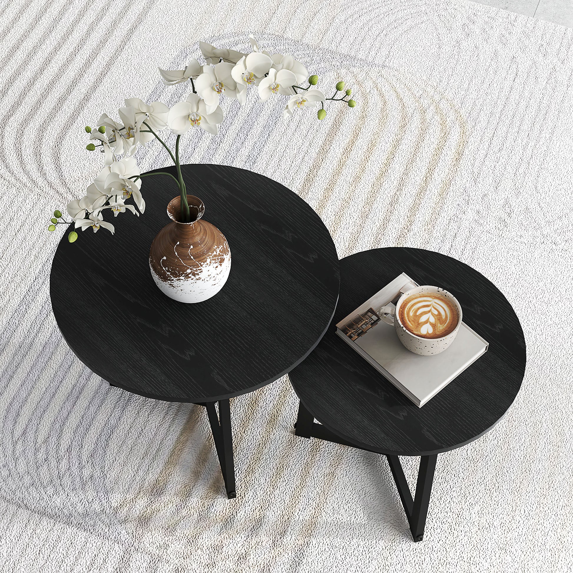 Round Coffee Table 2-Piece Set, Side Table made of MDF and Steel, in modern design, Stackable, Coffee Table Living Room Table for Living Room Bedroom, Black