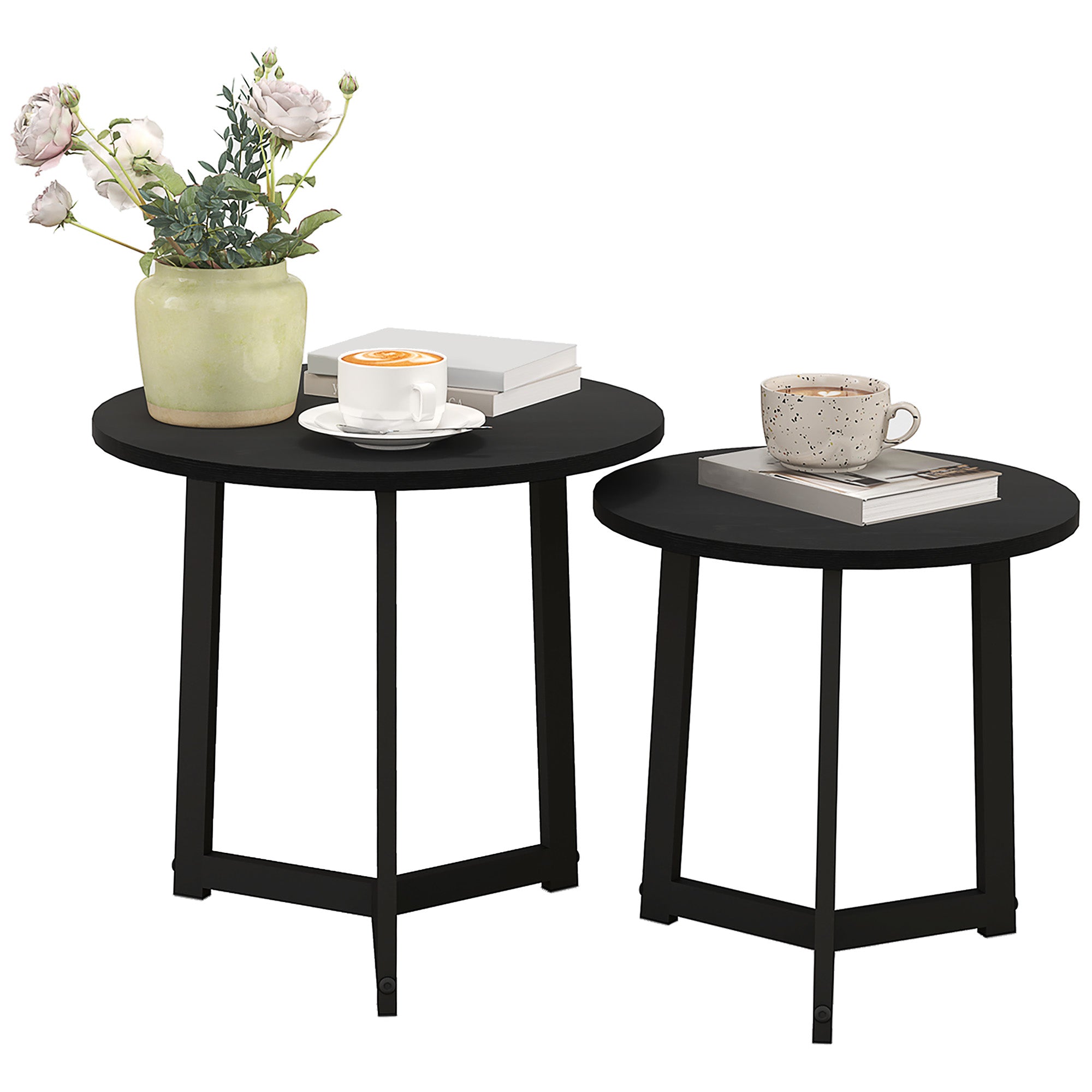 Round Coffee Table 2-Piece Set, Side Table made of MDF and Steel, in modern design, Stackable, Coffee Table Living Room Table for Living Room Bedroom, Black