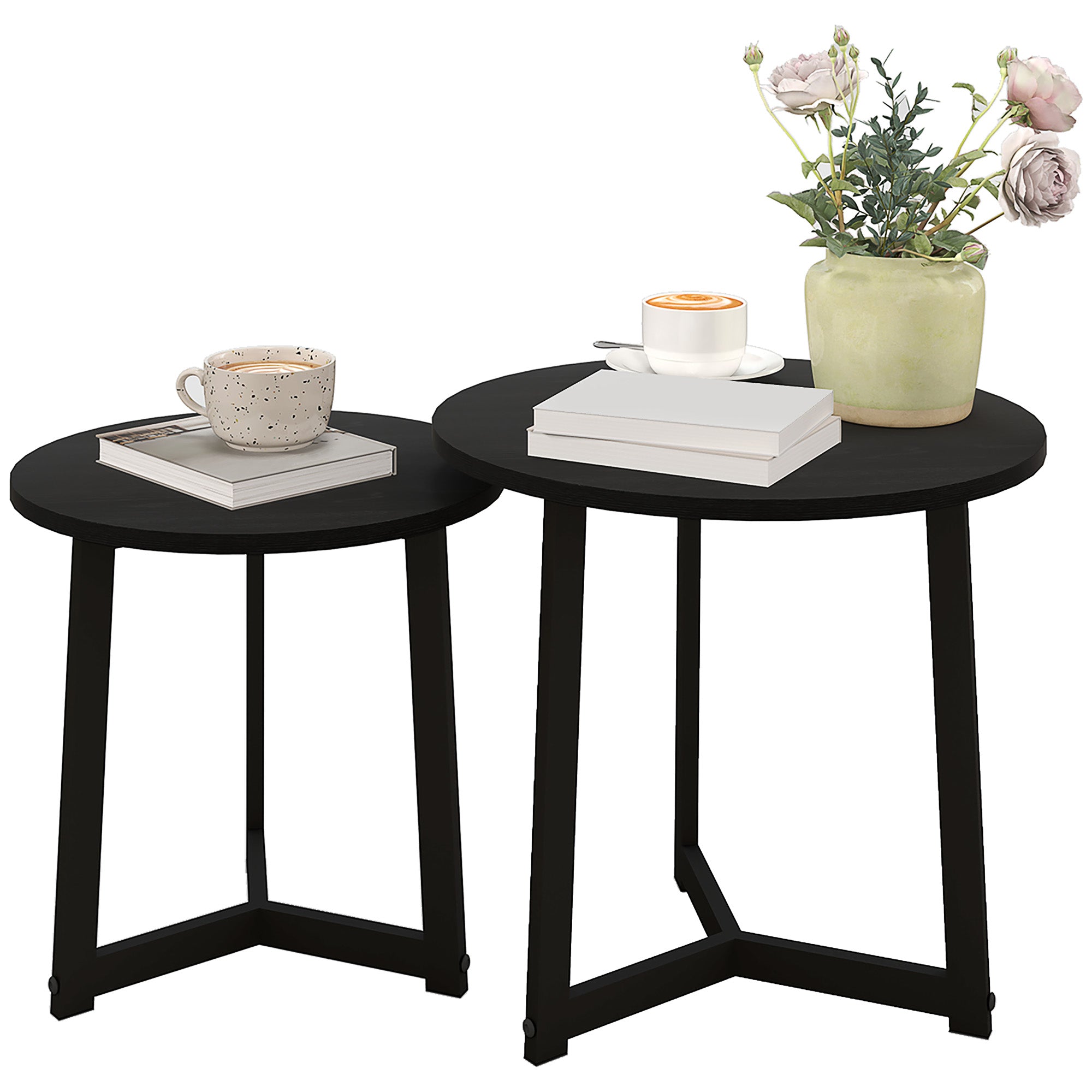Round Coffee Table 2-Piece Set, Side Table made of MDF and Steel, in modern design, Stackable, Coffee Table Living Room Table for Living Room Bedroom, Black