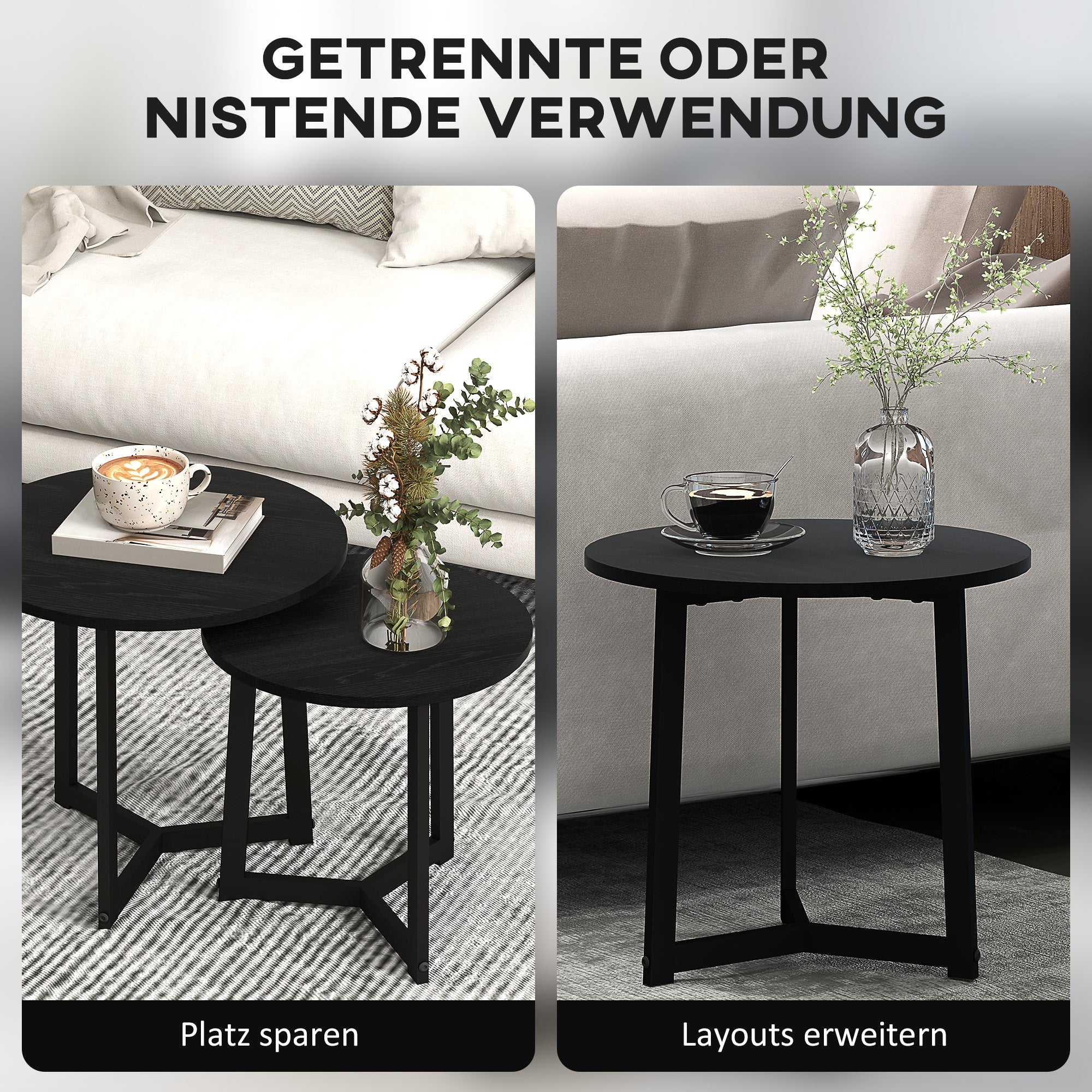 Round Coffee Table 2-Piece Set, Side Table made of MDF and Steel, in modern design, Stackable, Coffee Table Living Room Table for Living Room Bedroom, Black