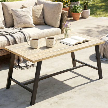 Outdoor Coffee Table, Rectangular Metal Side Table with Wood-Look Top, for Indoor/Outdoor, Garden, Balcony, 100 x 55 cm, Brown