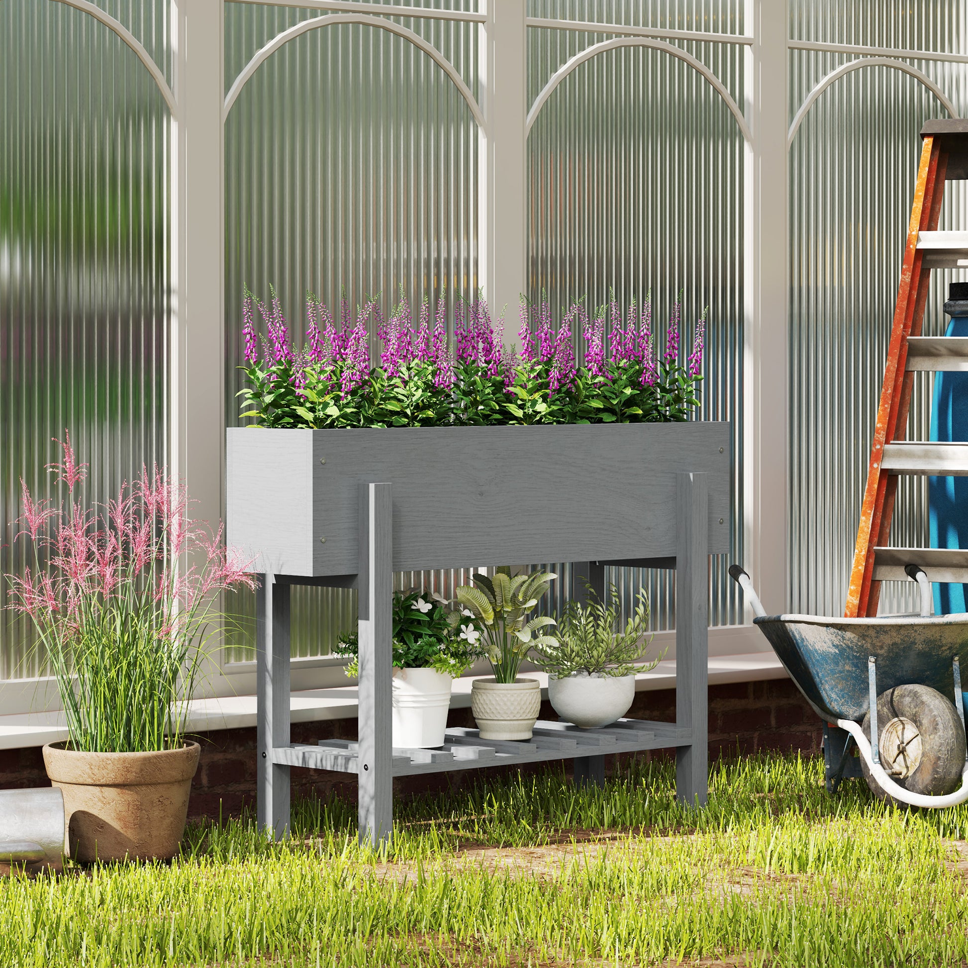 Wooden Raised Garden Bed with Shelf Elevated Planter for Growing Flowers Vegetables in Garden Terrace 100x30x70.5 cm Gray