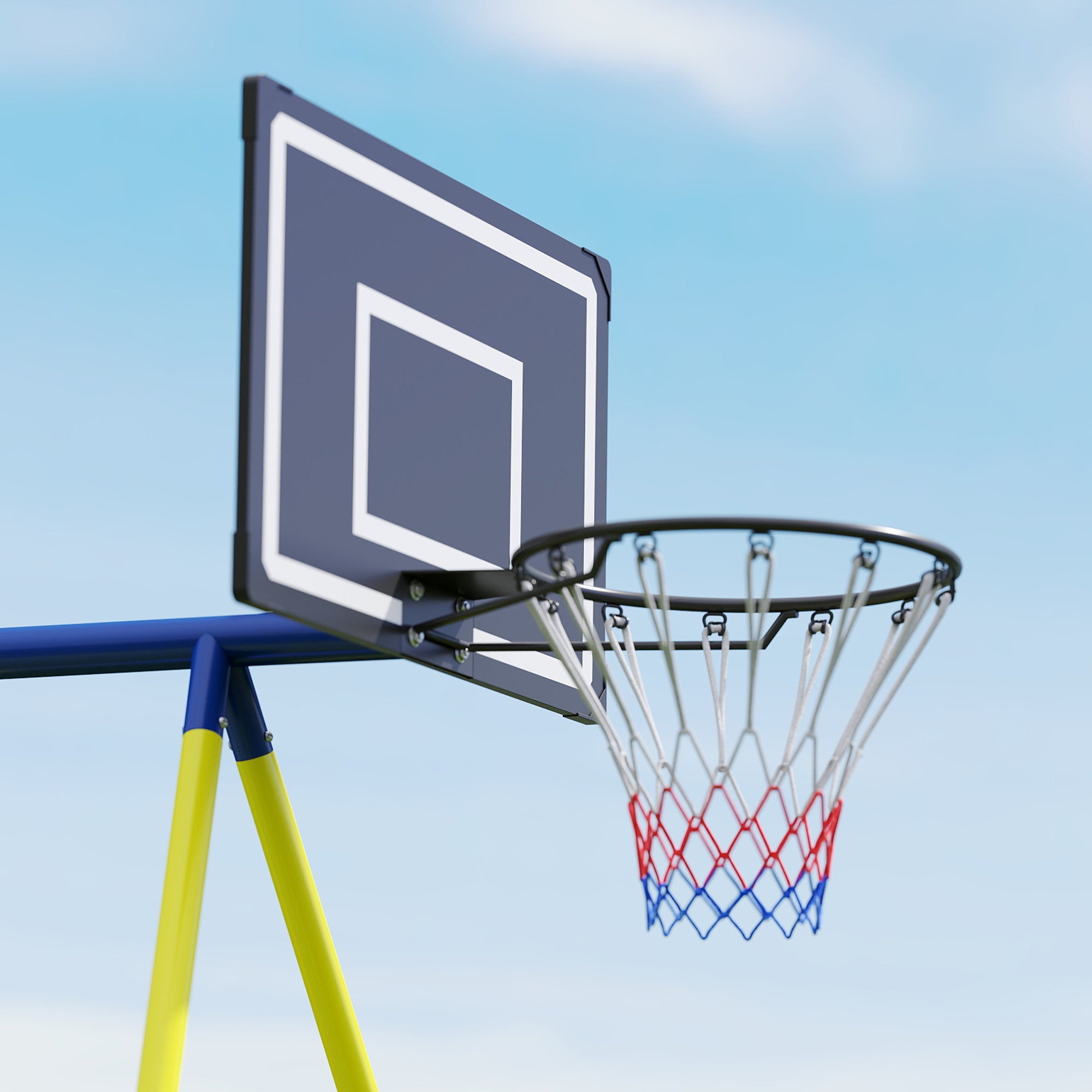 4-in-1 Kids Swing Set – Steel A-Frame, Nest Disc Swing, Single Seat, Basketball Hoop & Soccer Goal, Adjustable Ropes, Fits Children Ages 3–8, 113.4 x 63.0 x 86.6 in (288 x 160 x 220 cm)