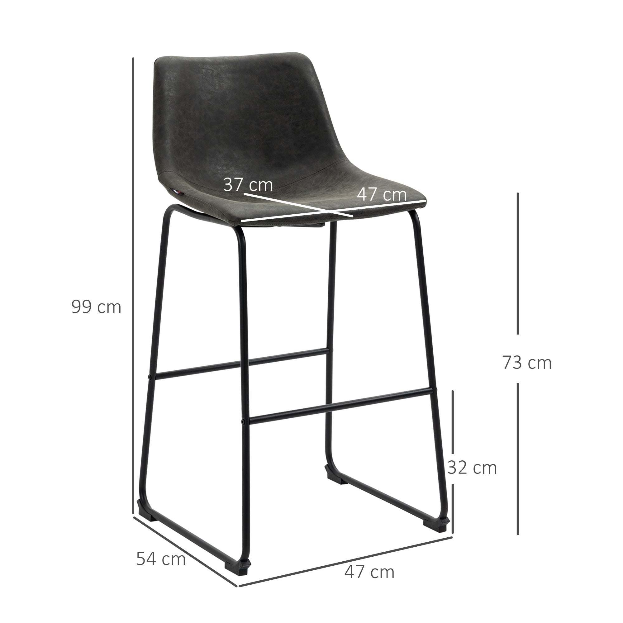2 High Kitchen Stools Upholstered in PU Bar Stools with Backrest Steel Legs and Footrest for Dining Room Load 110 kg 47x54x99 cm Dark Gray