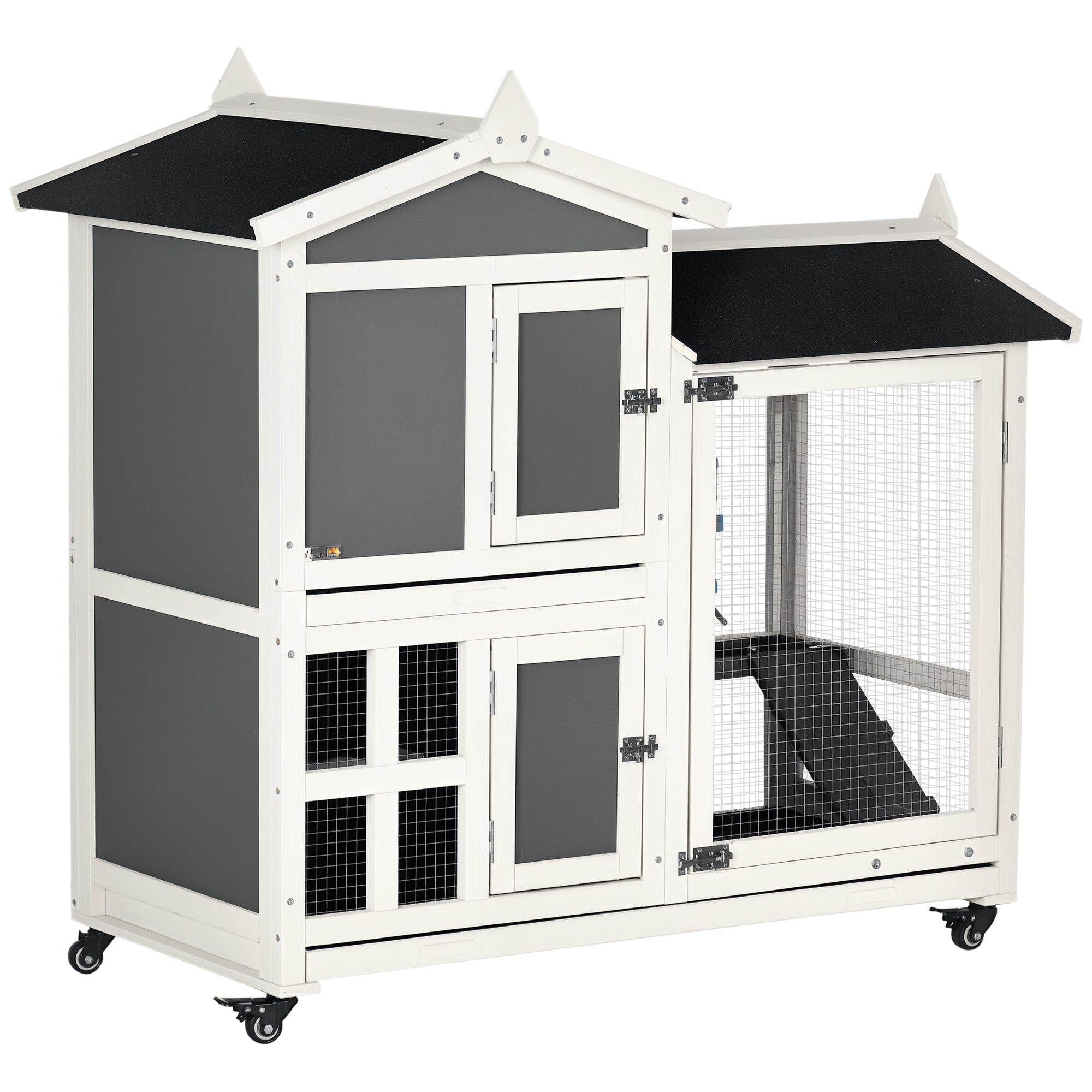 Outdoor Rabbit Hutch for 2 Rabbits in Fir Wood with Bitumen Roof, Removable Tray, and Shared Running Area, 110x60x104 cm, Gray and White