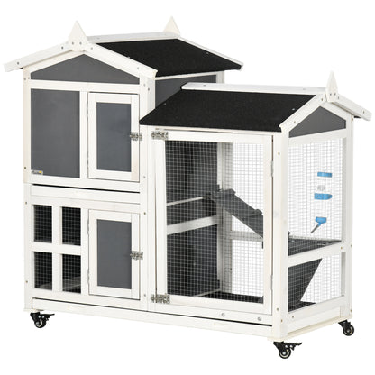 Outdoor Rabbit Hutch for 2 Rabbits in Fir Wood with Bitumen Roof, Removable Tray, and Shared Running Area, 110x60x104 cm, Gray and White