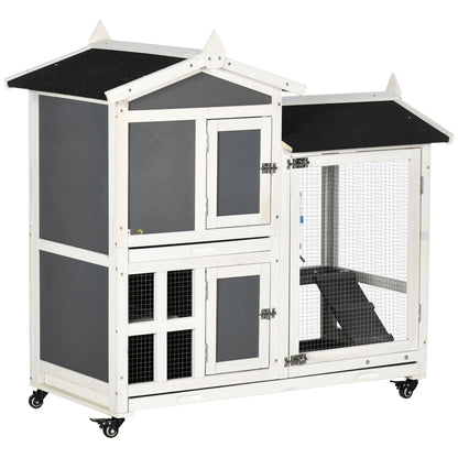 Outdoor Rabbit Hutch for 2 Rabbits in Fir Wood with Bitumen Roof, Removable Tray, and Shared Running Area, 110x60x104 cm, Gray and White