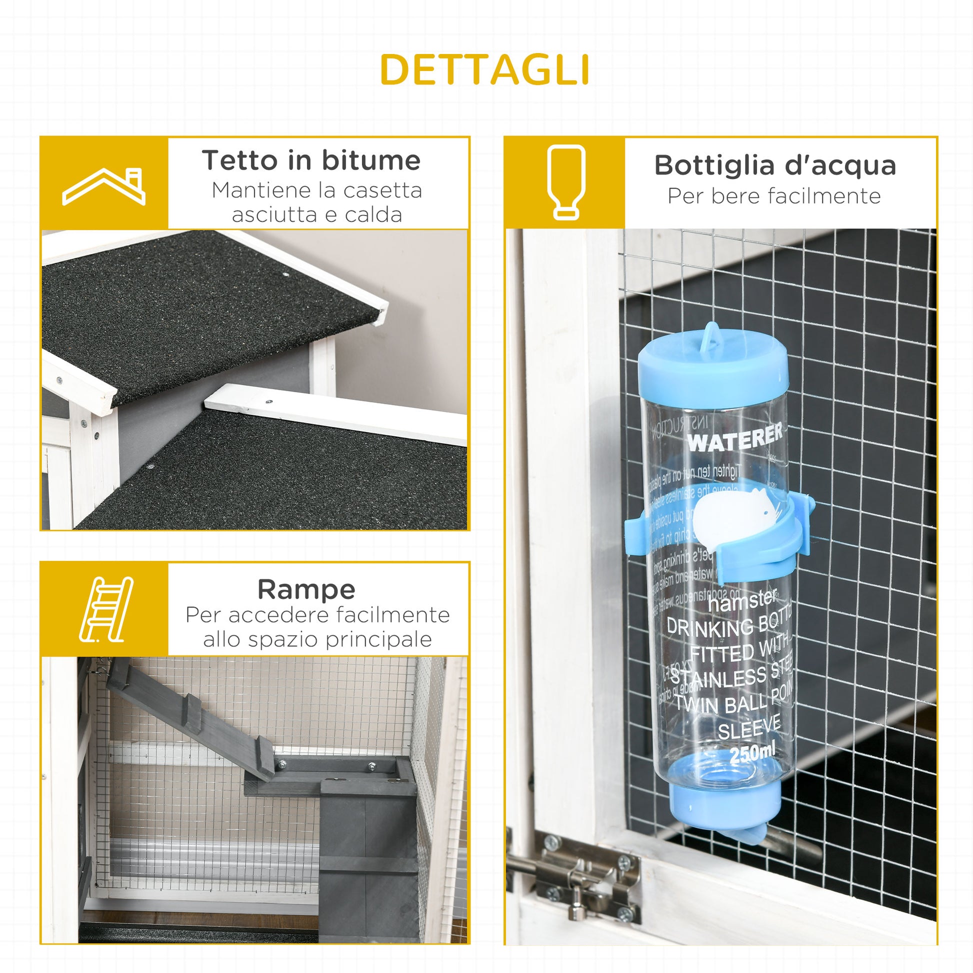 Outdoor Rabbit Hutch for 2 Rabbits in Fir Wood with Bitumen Roof, Removable Tray, and Shared Running Area, 110x60x104 cm, Gray and White