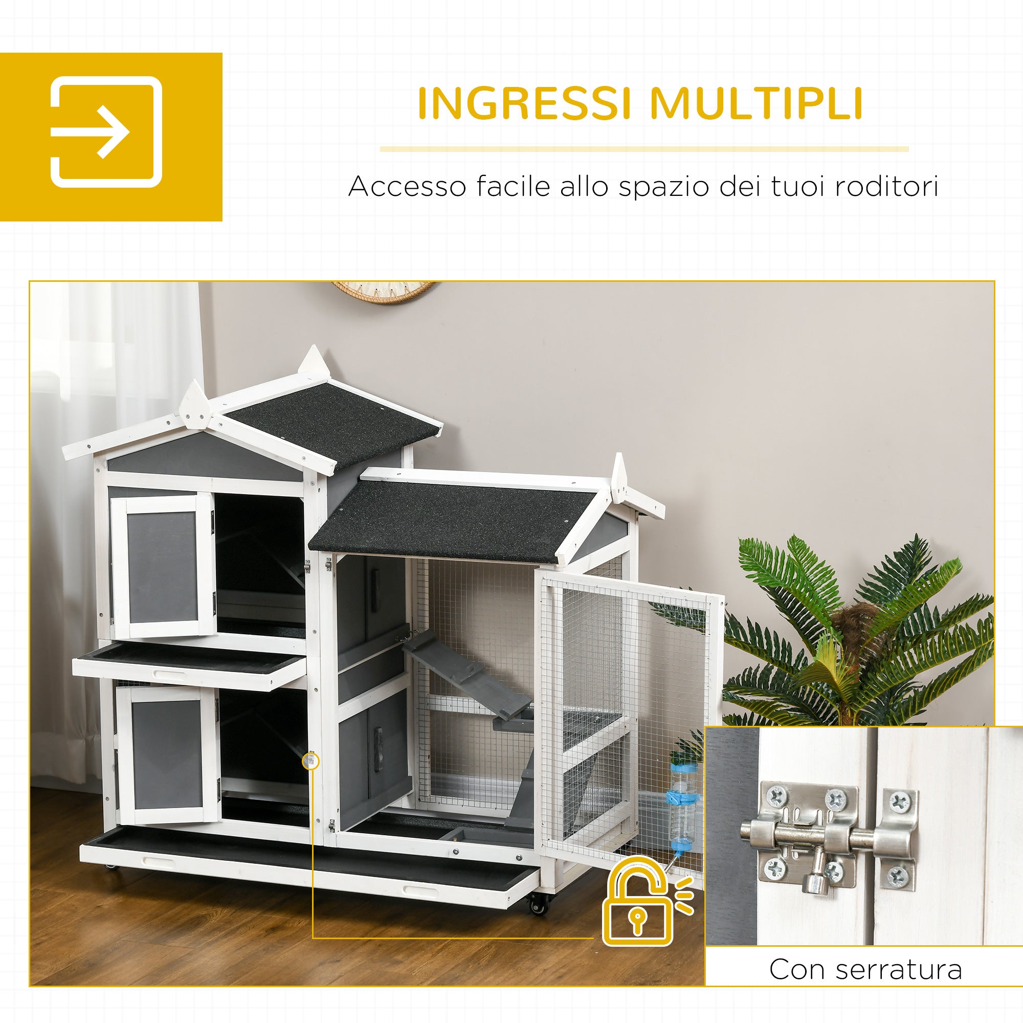 Outdoor Rabbit Hutch for 2 Rabbits in Fir Wood with Bitumen Roof, Removable Tray, and Shared Running Area, 110x60x104 cm, Gray and White