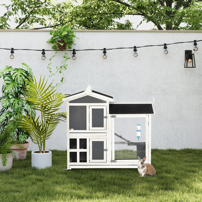 Outdoor Rabbit Hutch for 2 Rabbits in Fir Wood with Bitumen Roof, Removable Tray, and Shared Running Area, 110x60x104 cm, Gray and White
