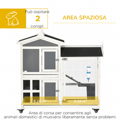 Outdoor Rabbit Hutch for 2 Rabbits in Fir Wood with Bitumen Roof, Removable Tray, and Shared Running Area, 110x60x104 cm, Gray and White