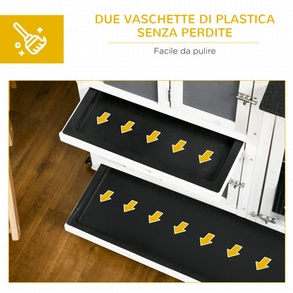 Outdoor Rabbit Hutch for 2 Rabbits in Fir Wood with Bitumen Roof, Removable Tray, and Shared Running Area, 110x60x104 cm, Gray and White