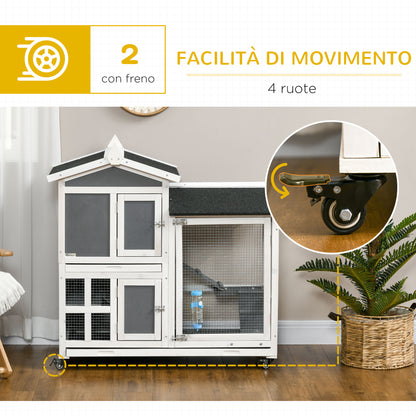 Outdoor Rabbit Hutch for 2 Rabbits in Fir Wood with Bitumen Roof, Removable Tray, and Shared Running Area, 110x60x104 cm, Gray and White