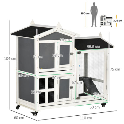 Outdoor Rabbit Hutch for 2 Rabbits in Fir Wood with Bitumen Roof, Removable Tray, and Shared Running Area, 110x60x104 cm, Gray and White