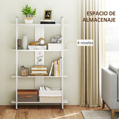 4-Tier Shelving Bookcase with Perforated Panel and Metal Frame Narrow Shelf for Living Room Study Bedroom Office White