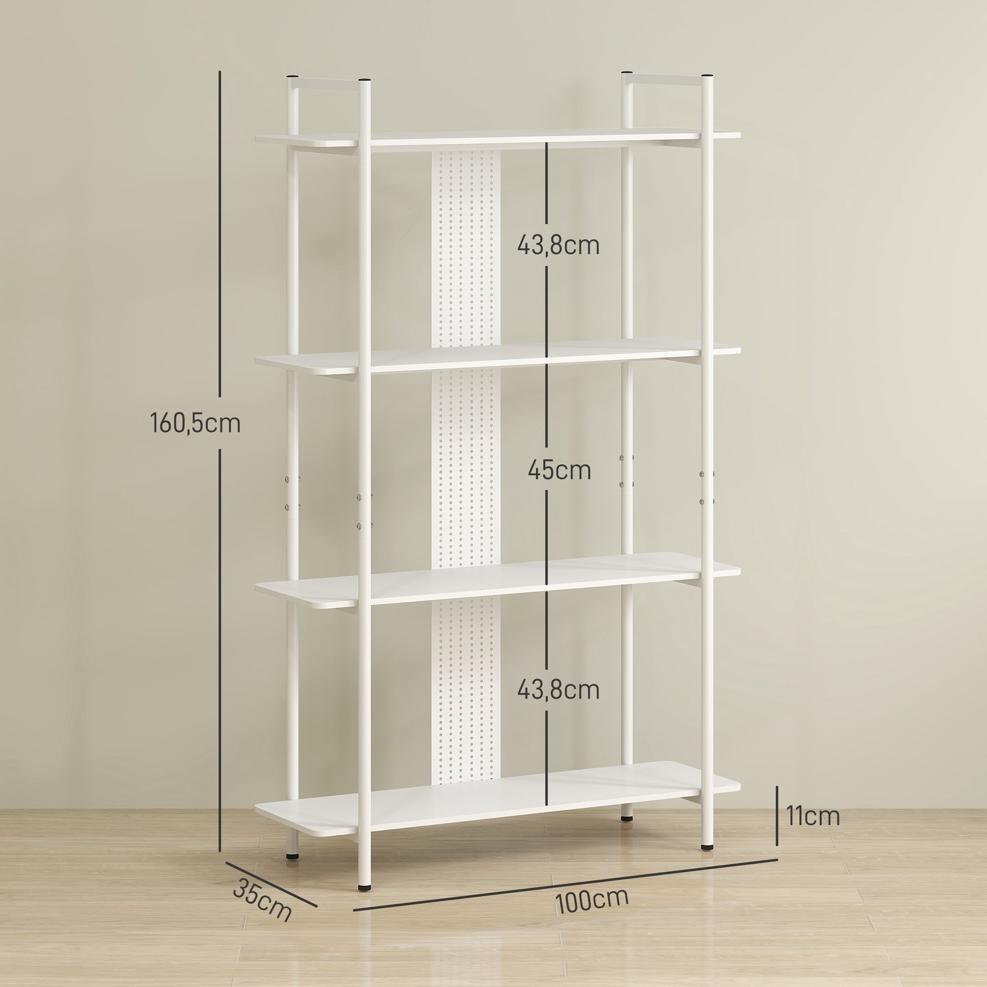 4-Tier Shelving Bookcase with Perforated Panel and Metal Frame Narrow Shelf for Living Room Study Bedroom Office White