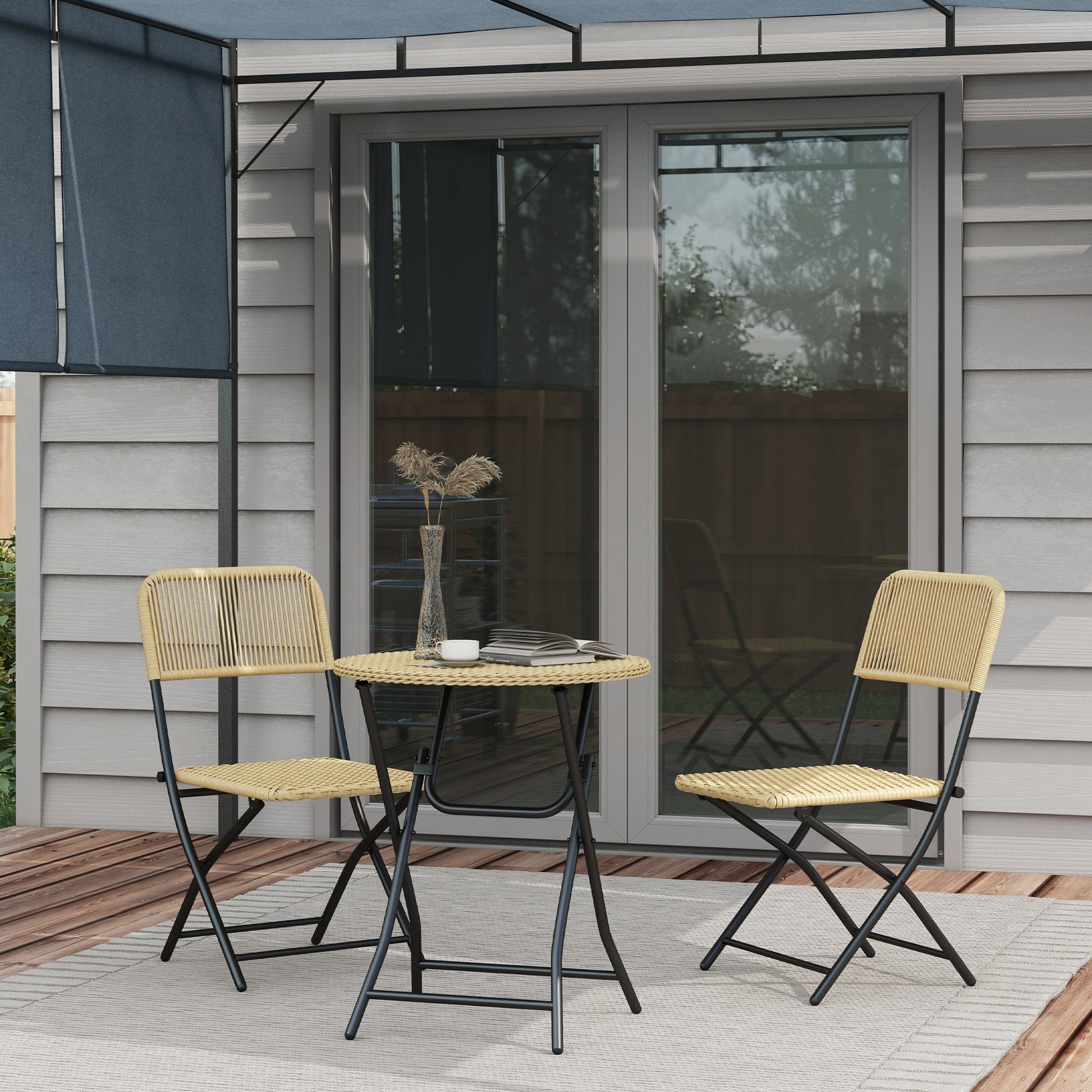 Rattan Garden Furniture Set 3-Piece, Balcony Furniture Set including Coffee Table, 2 Chairs, Folding Bistro Set with UV Protection, Seating Group for Balcony, Terrace, Steel, Yellow