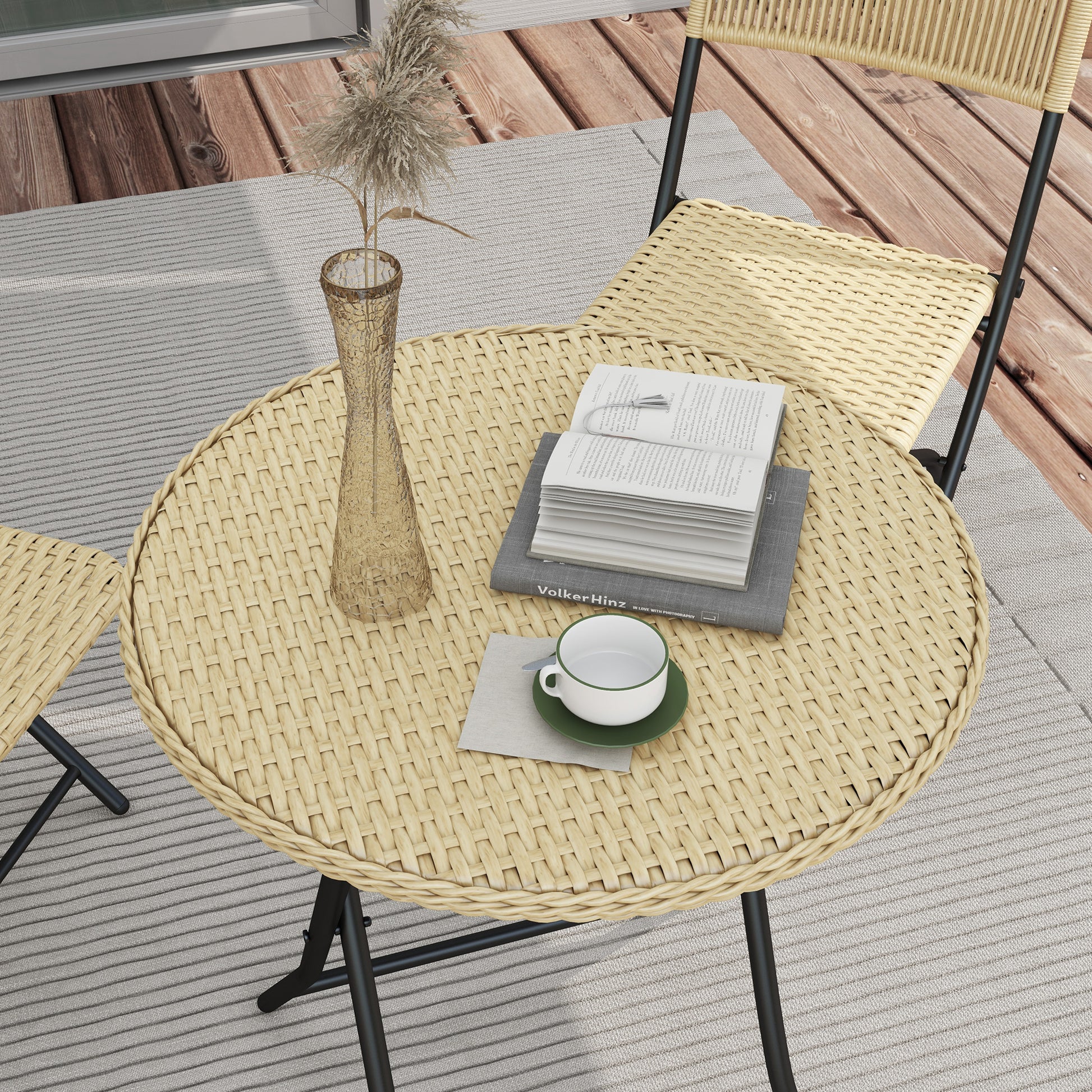 Rattan Garden Furniture Set 3-Piece, Balcony Furniture Set including Coffee Table, 2 Chairs, Folding Bistro Set with UV Protection, Seating Group for Balcony, Terrace, Steel, Yellow
