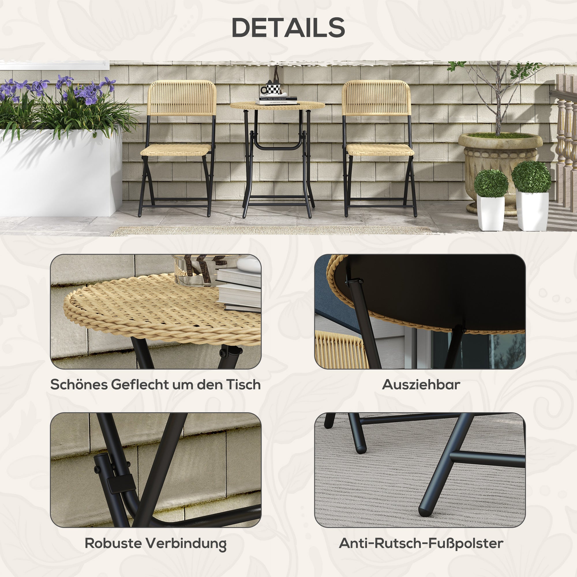 Rattan Garden Furniture Set 3-Piece, Balcony Furniture Set including Coffee Table, 2 Chairs, Folding Bistro Set with UV Protection, Seating Group for Balcony, Terrace, Steel, Yellow