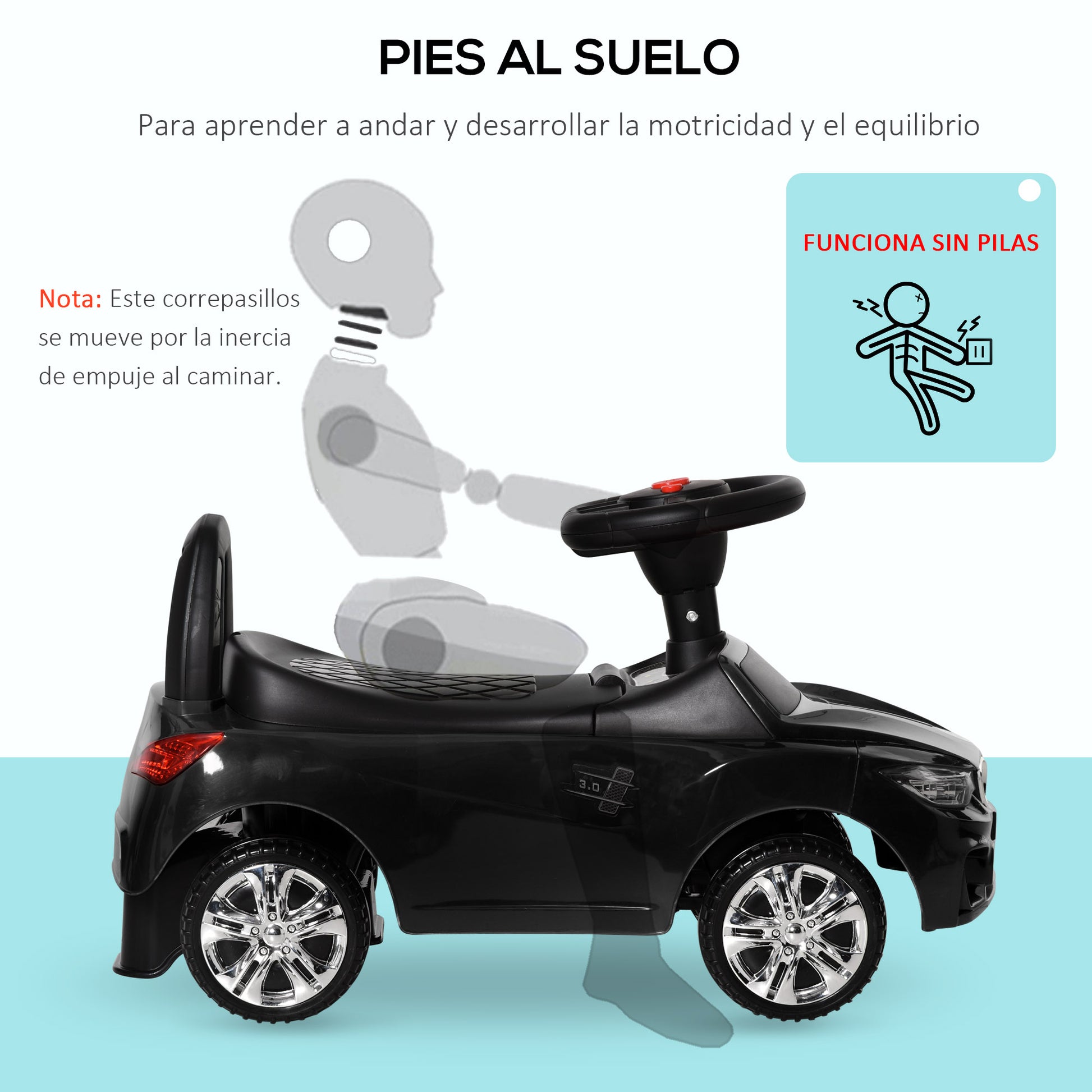 Ride-On Car for Kids 18-36 Months Walker with Headlights Music Horn Steering Wheel Storage Space and Push Handle 63.5x28x36 cm Black