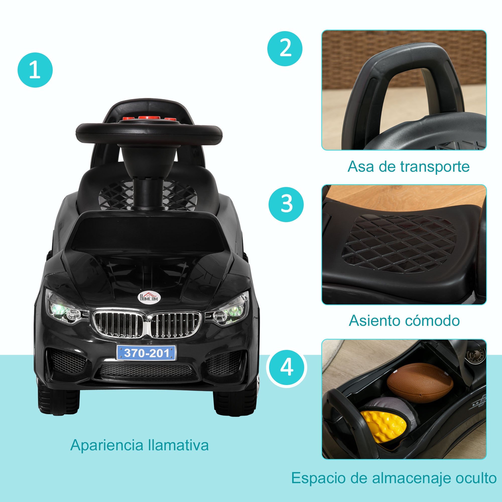 Ride-On Car for Kids 18-36 Months Walker with Headlights Music Horn Steering Wheel Storage Space and Push Handle 63.5x28x36 cm Black