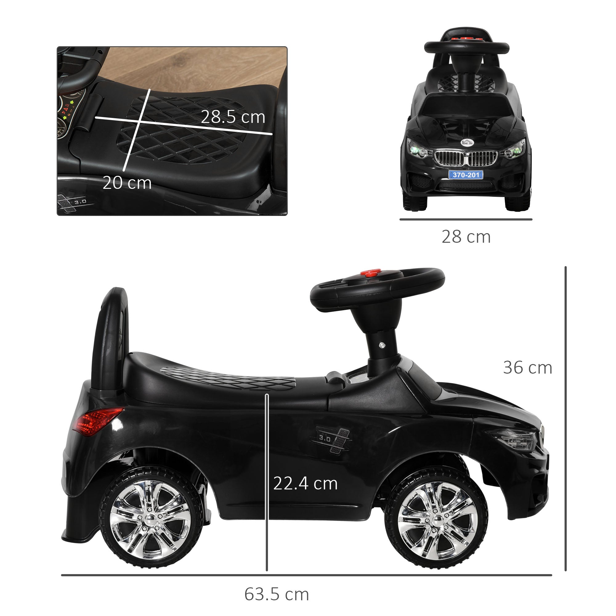 Ride-On Car for Kids 18-36 Months Walker with Headlights Music Horn Steering Wheel Storage Space and Push Handle 63.5x28x36 cm Black