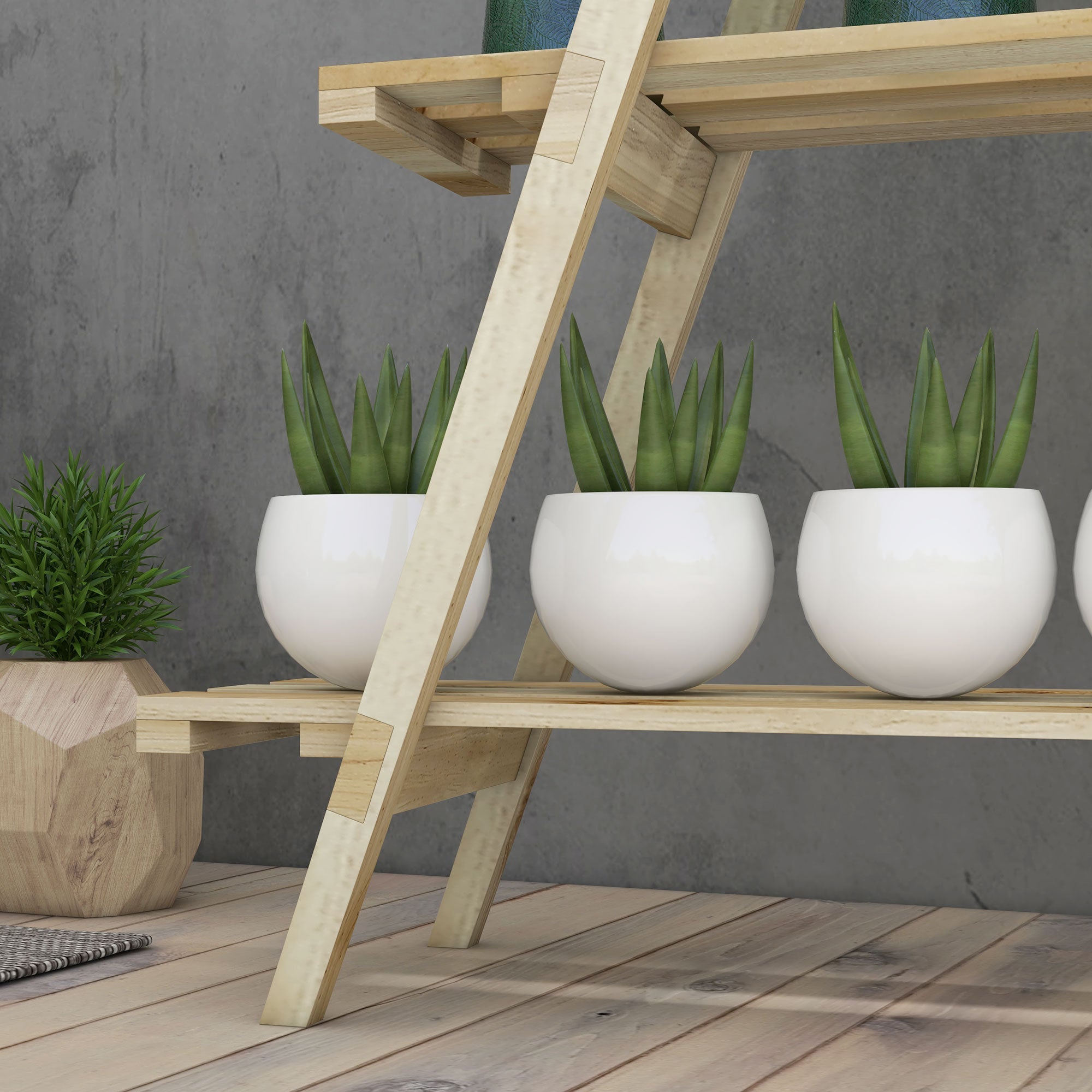 Pyramid-shaped foldable wooden flower rack - Wooden plant stand with 3 shelves - Dimensions 100L x 36W x 112H cm - Light solid spruce wood
